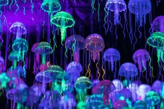 Rows of glowing jellyfish decorations hanging in ultraviolet light